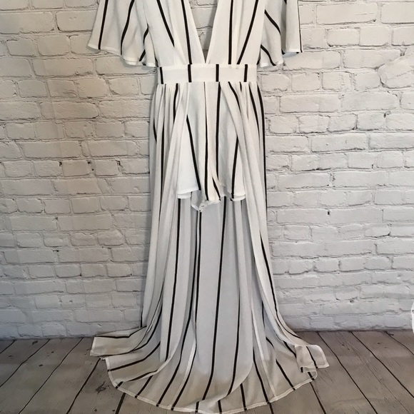 White Short Sleeve Maxi Romper with Black Stripes - Picture 2 of 4